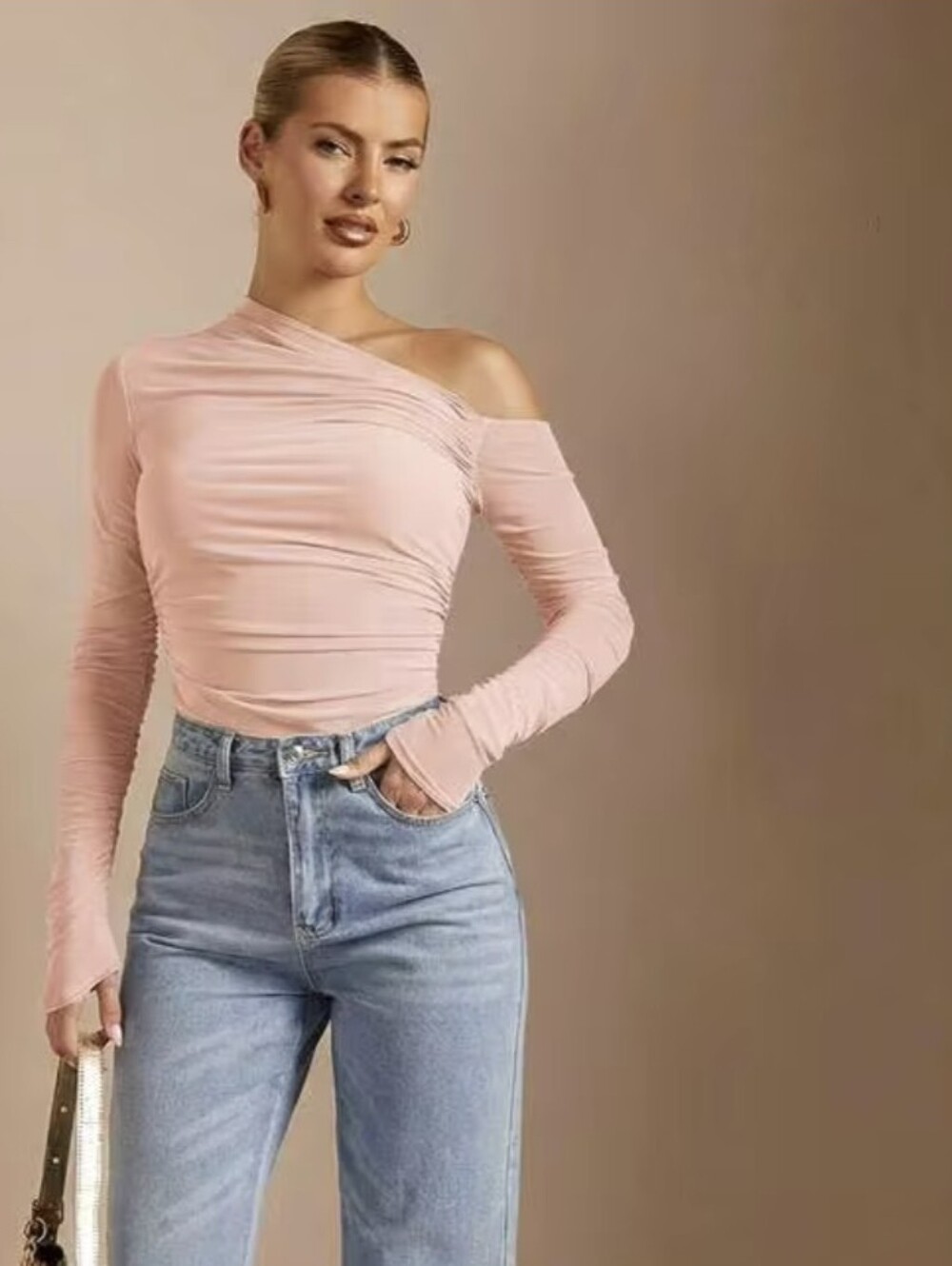 Shein Light Pink Shoulder Ruched Sheer Long Sleeve Blouse Womens Size M